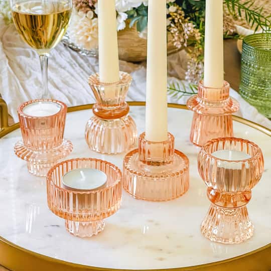 Kate Aspen&#xAE; Assorted Vintage Ribbed Rose Gold Pink Glass Candlestick Candle Holder Set